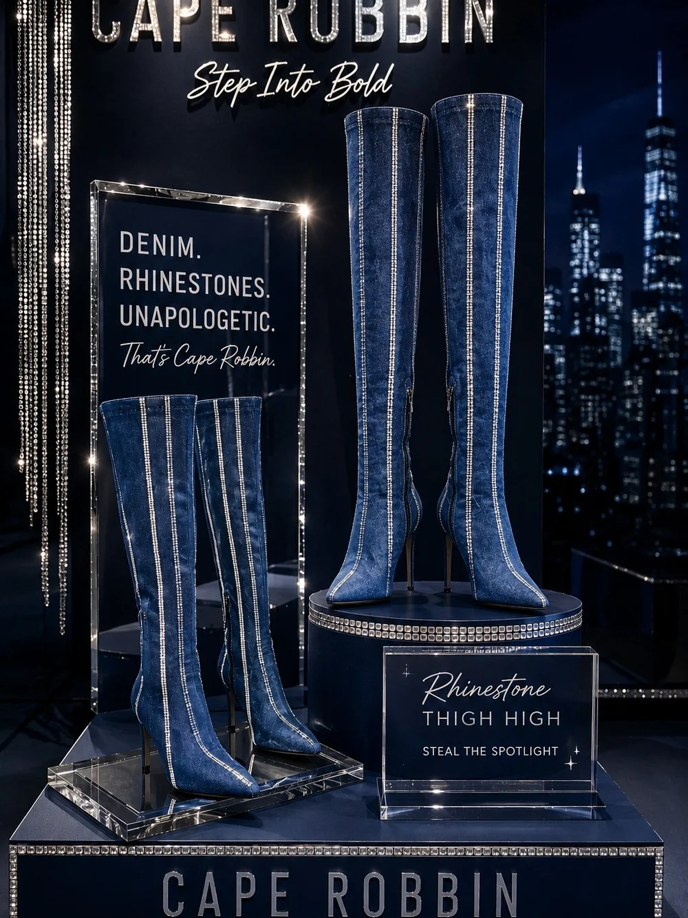 Hidenim Rhinestone Thigh High Stiletto Boots - Denim